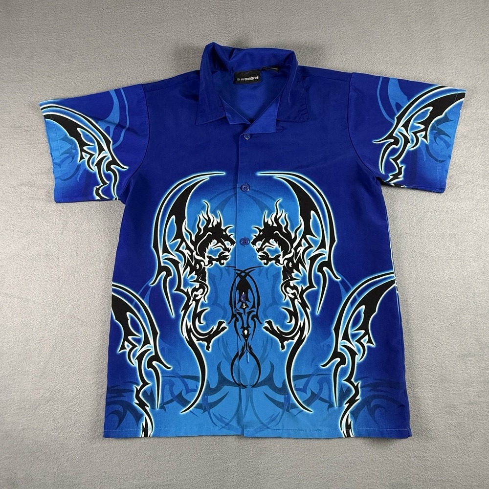 Y2K Tribal No Boundaries Blue Polyester Youth XL Mens Medium Button Up Shirt‎ *